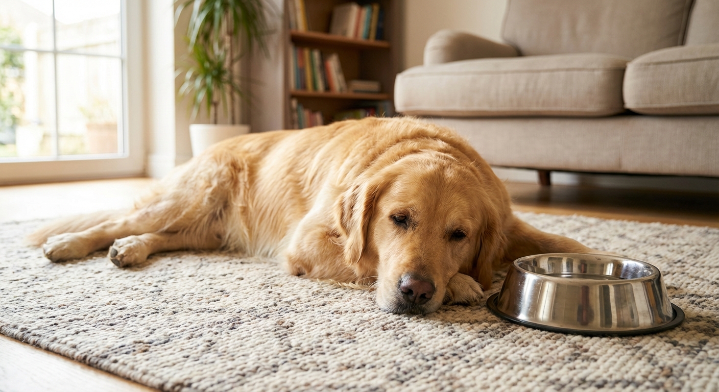 A golden retriever lying relaxed on a living room rug next to a stainless steel dog bowl