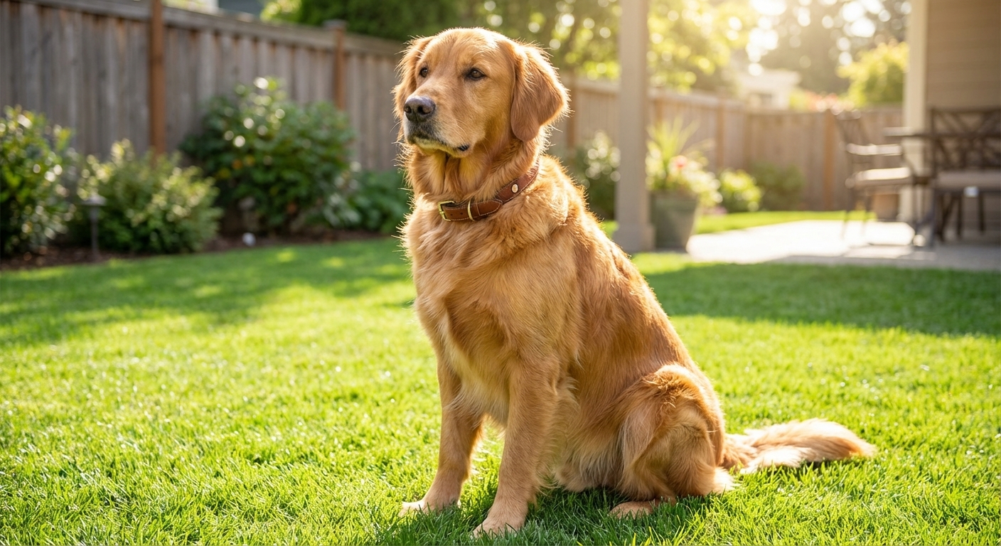 A golden retriever sitting in a sunny backyard wearing a brown flea and tick collar, realistic photography