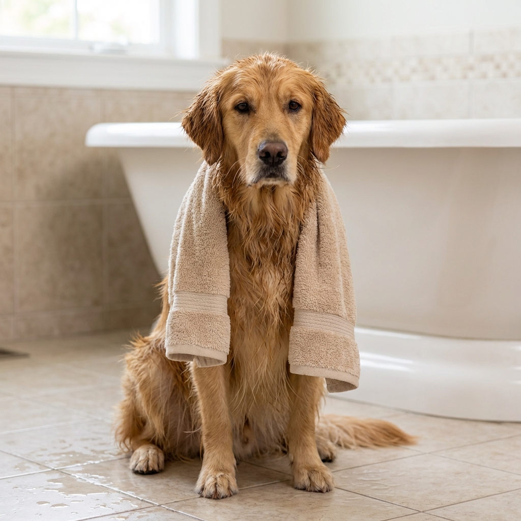 A golden retriever sitting on a bathroom floor with a towel around its neck after a bath
