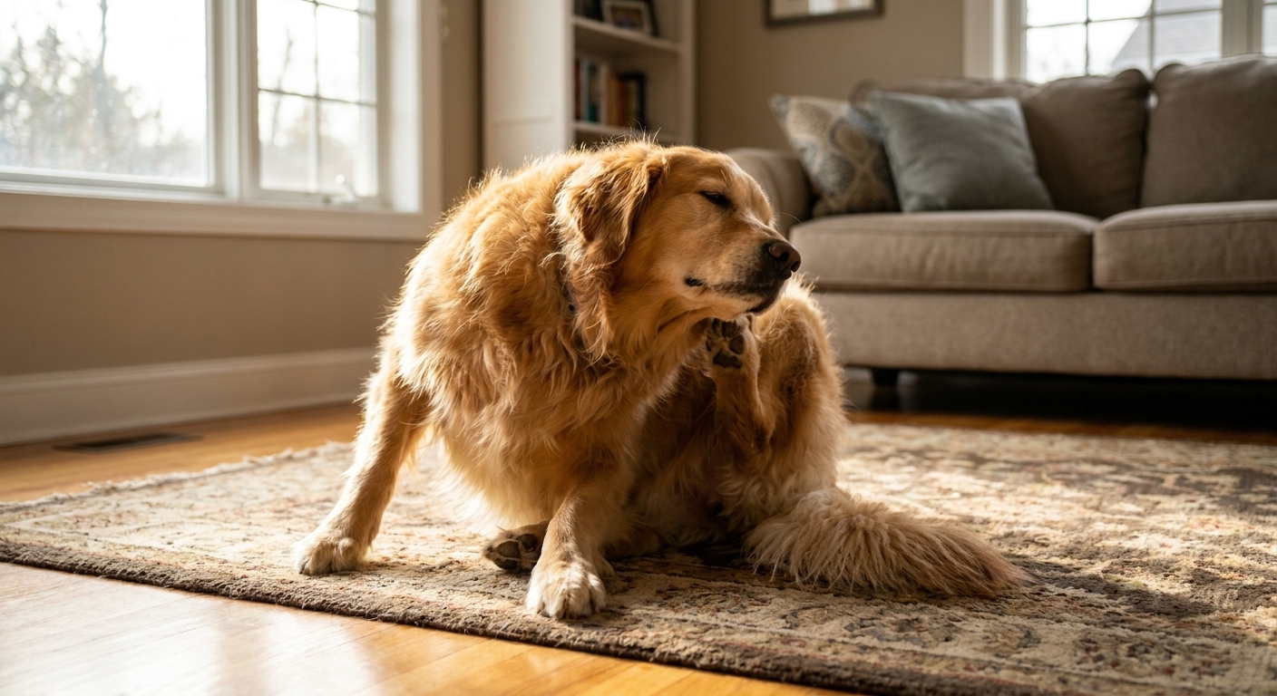 A golden retriever sitting on a living room rug scratching one ear with a hind leg, natural indoor light, real photo