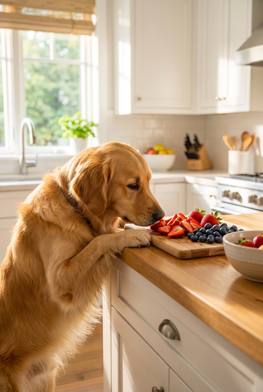 A golden retriever sniffing a cutting board with sliced strawberries and blueberries in a bright kitchen