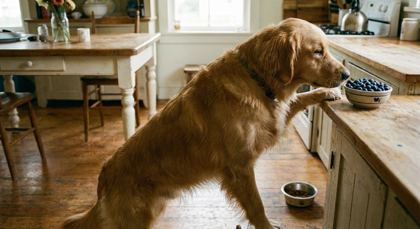 A golden retriever sniffing a small bowl of fresh blueberries on a wooden kitchen counter