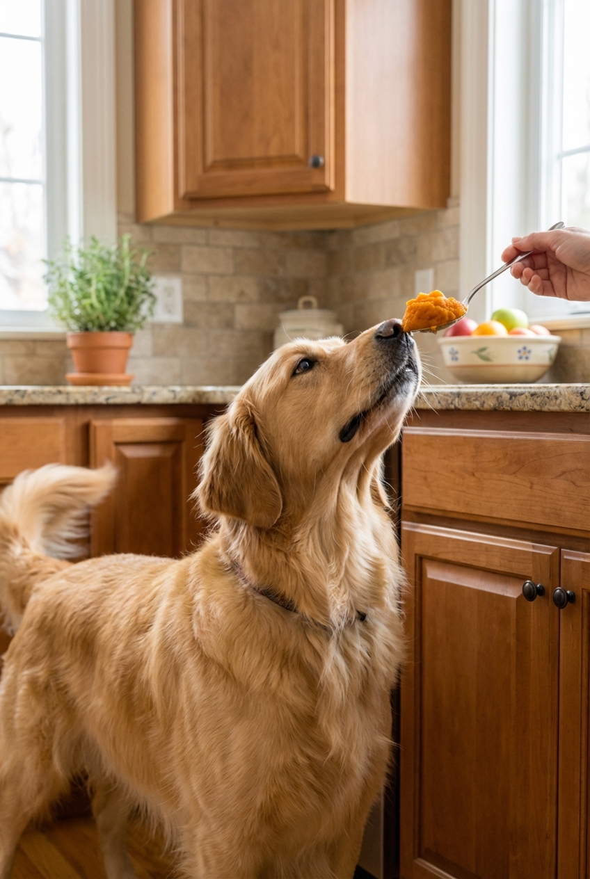A golden retriever sniffing a spoonful of plain canned pumpkin in a home kitchen