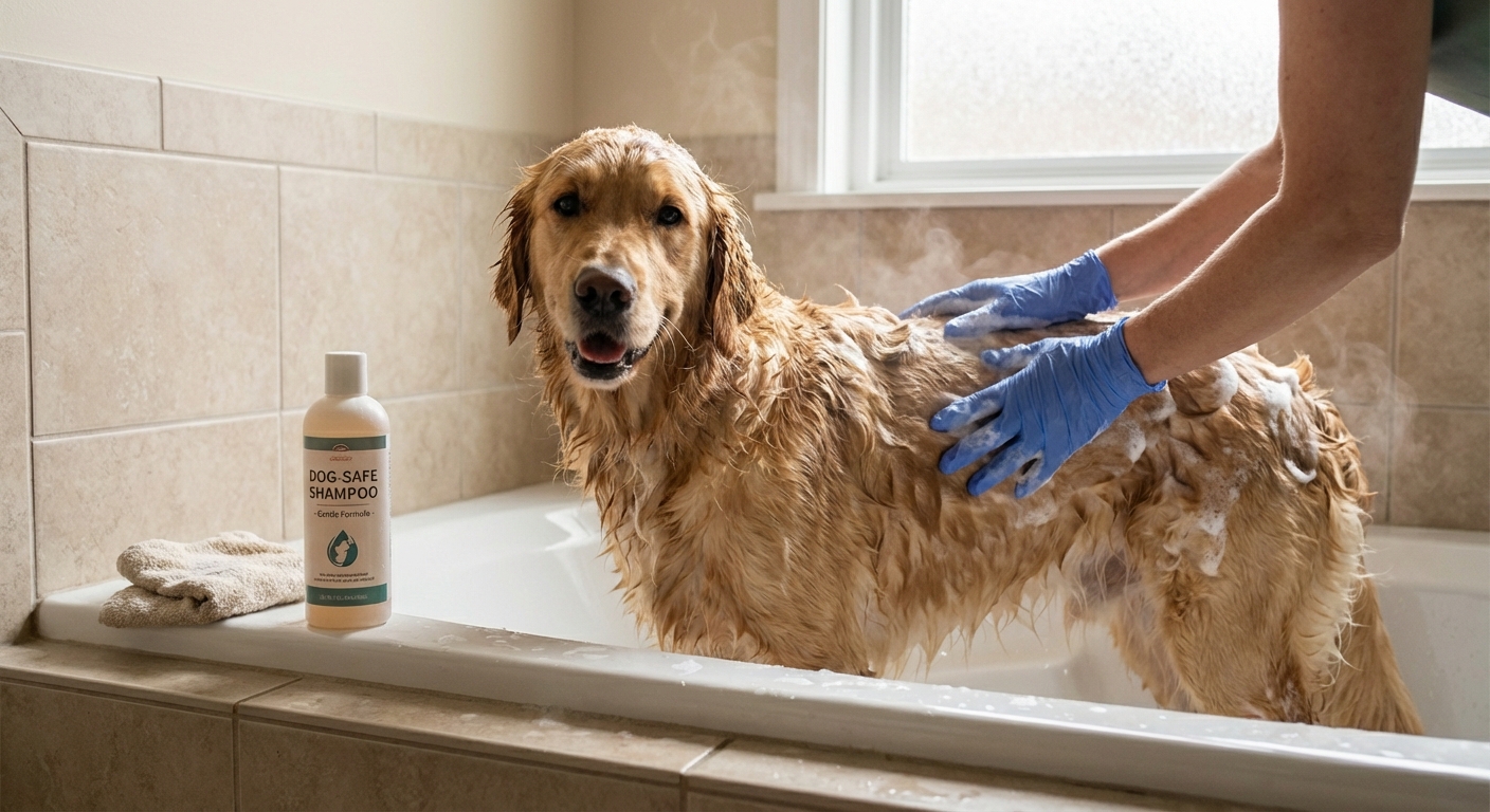 A golden retriever standing in a bathtub during a gentle bath with dog-safe shampoo