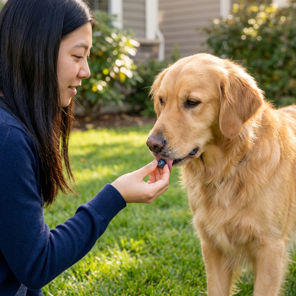 A golden retriever standing on grass gently taking a blueberry from a person’s fingertips