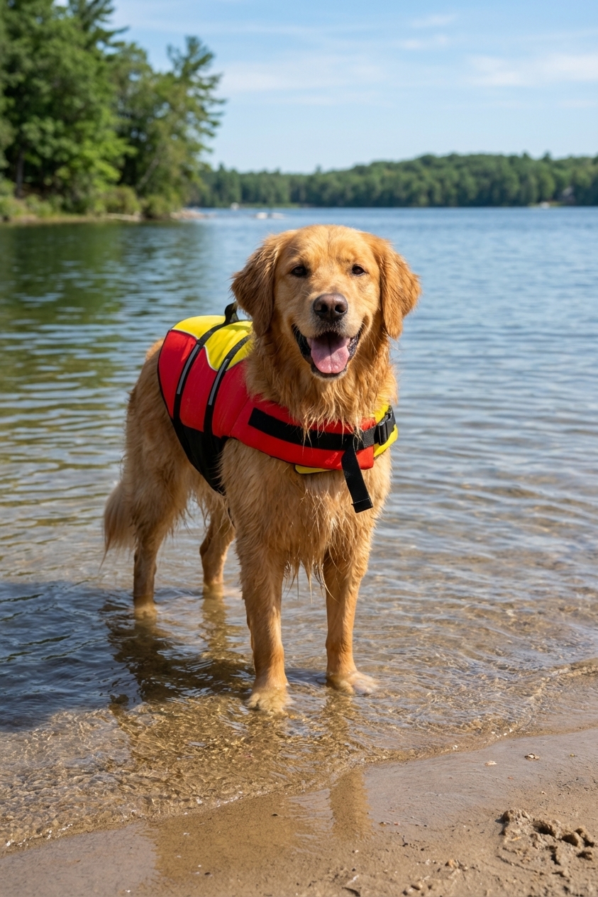 A golden retriever wearing a bright life jacket standing in shallow lake water near a sandy shore, realistic photo