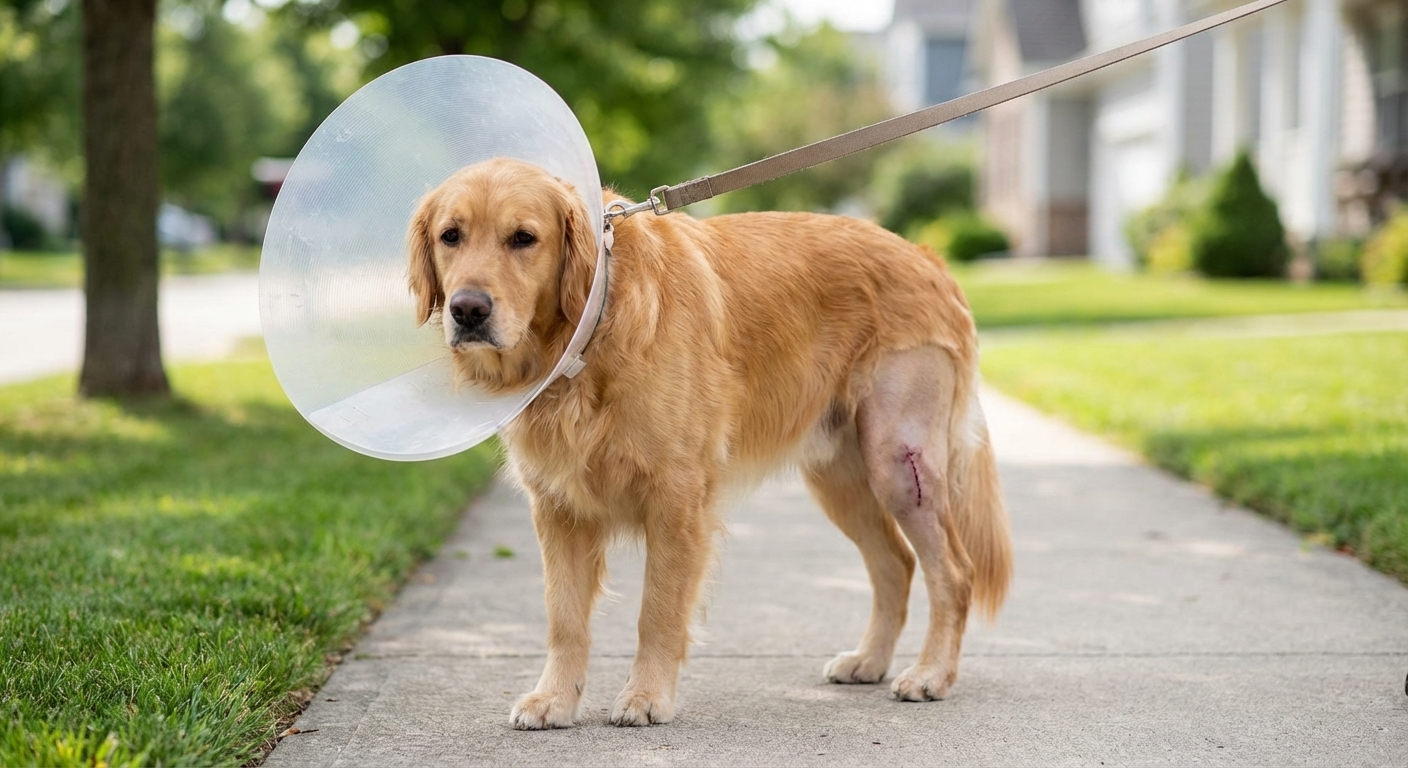 A golden retriever wearing an e-collar taking a slow, leashed walk on a quiet sidewalk with a healing shaved hind leg, natural outdoor photo