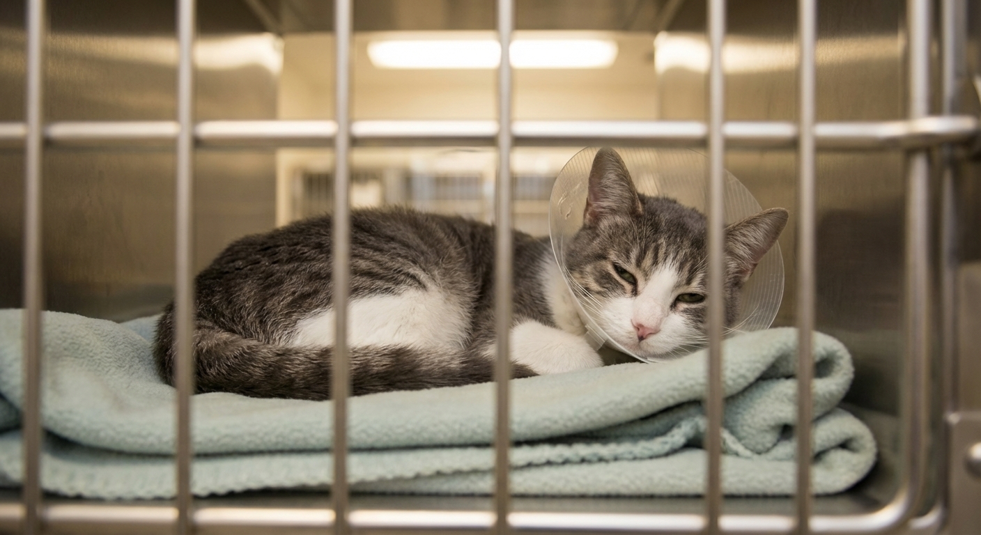 A gray and white cat resting on a soft blanket in a veterinary recovery kennel with a small e-collar on, appearing sleepy but comfortable, realistic photography