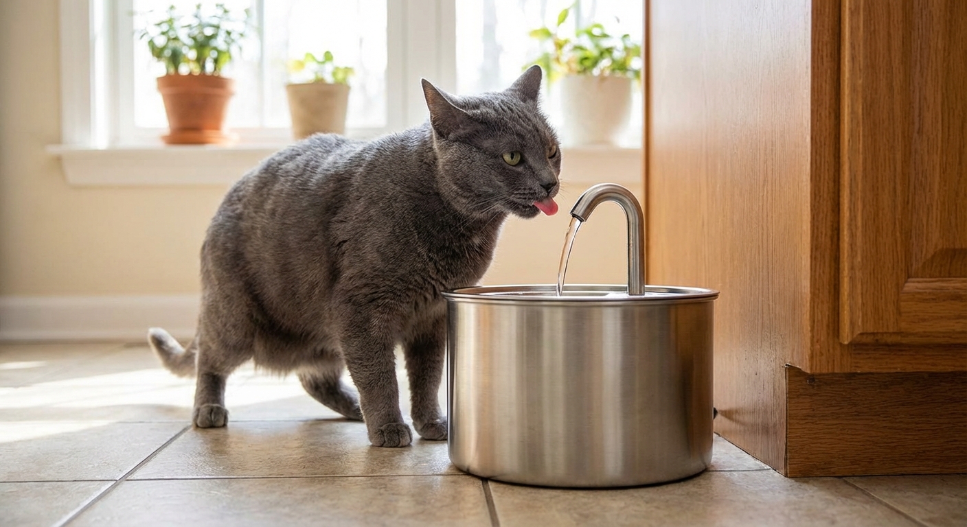 A gray cat drinking from a stainless steel pet water fountain in a kitchen