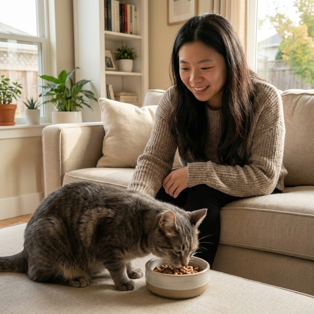 A gray cat eating from a bowl at home while an owner watches closely