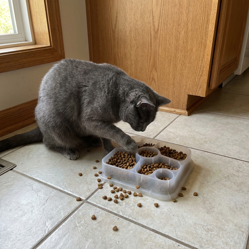 A gray cat eating from a puzzle feeder on a kitchen floor