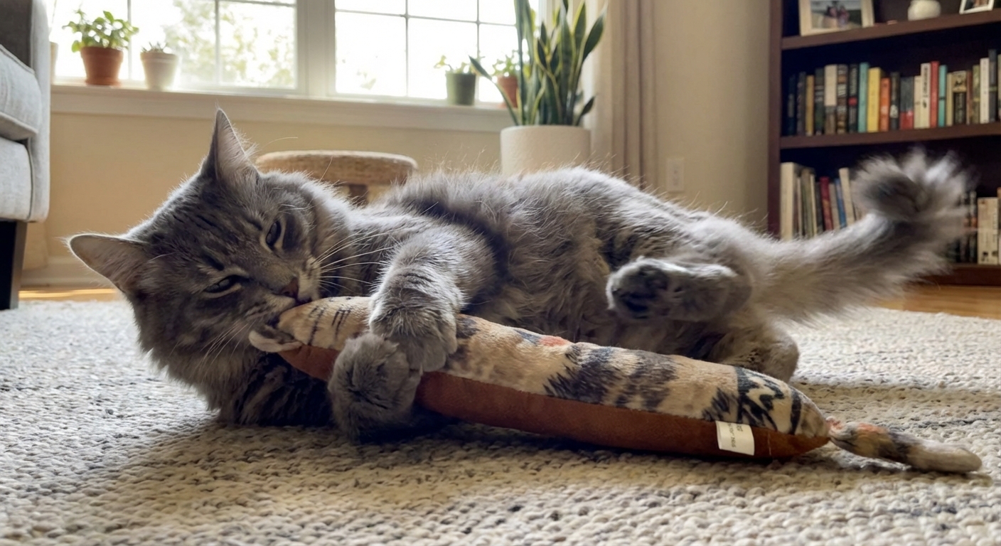 A gray cat hugging a long plush kicker toy with its front paws