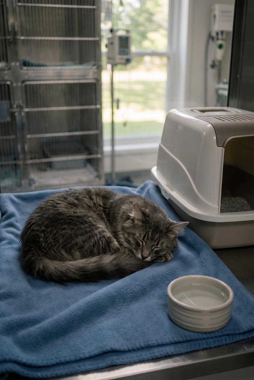 A gray cat resting in a quiet recovery room next to a small water bowl and a clean litter box