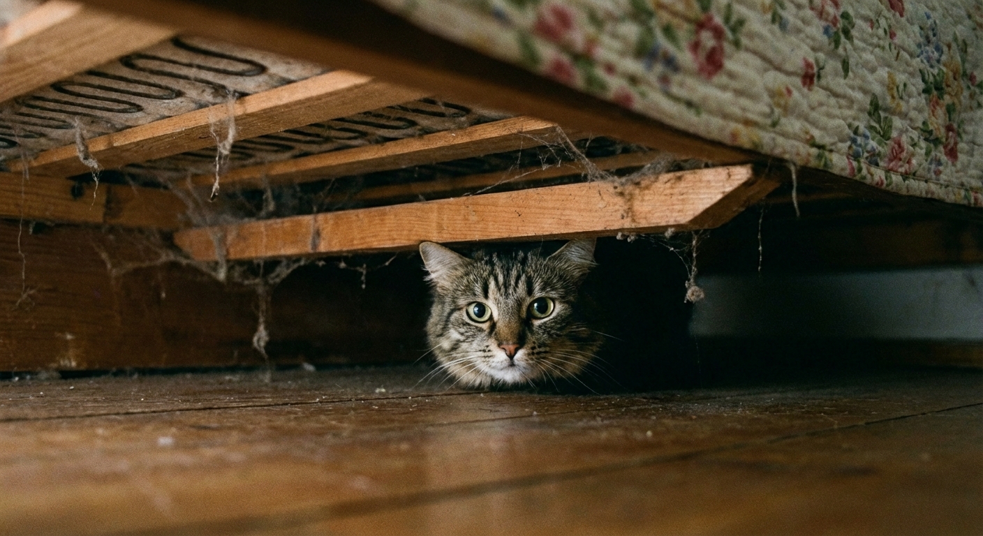 A gray cat resting under a bed with only its face visible, appearing withdrawn