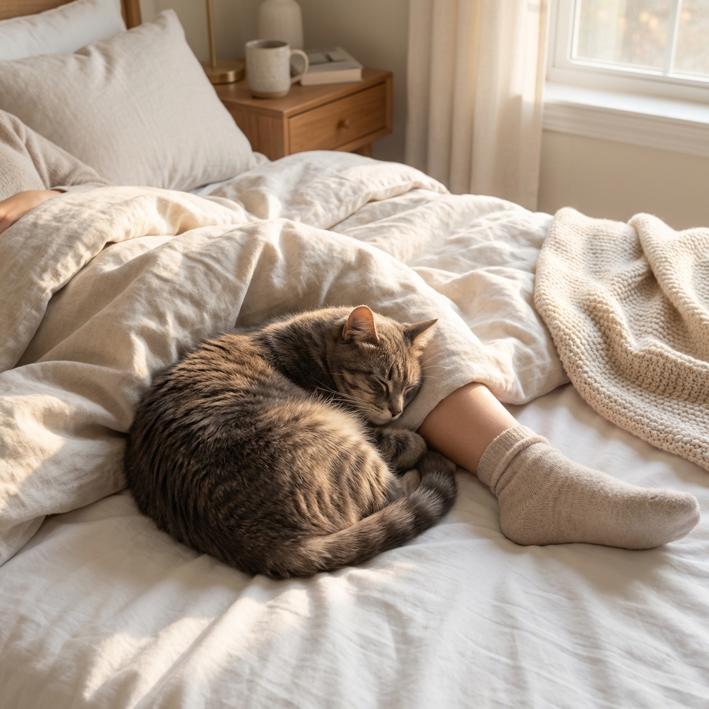 A gray cat sleeping curled up near a person’s legs on a neatly made bed in soft morning light