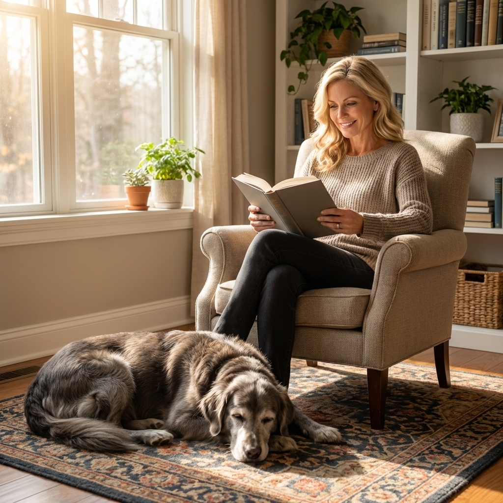 A gray-muzzled senior dog resting calmly on a rug in a sunlit living room next to an older adult reading in a chair, real photography style