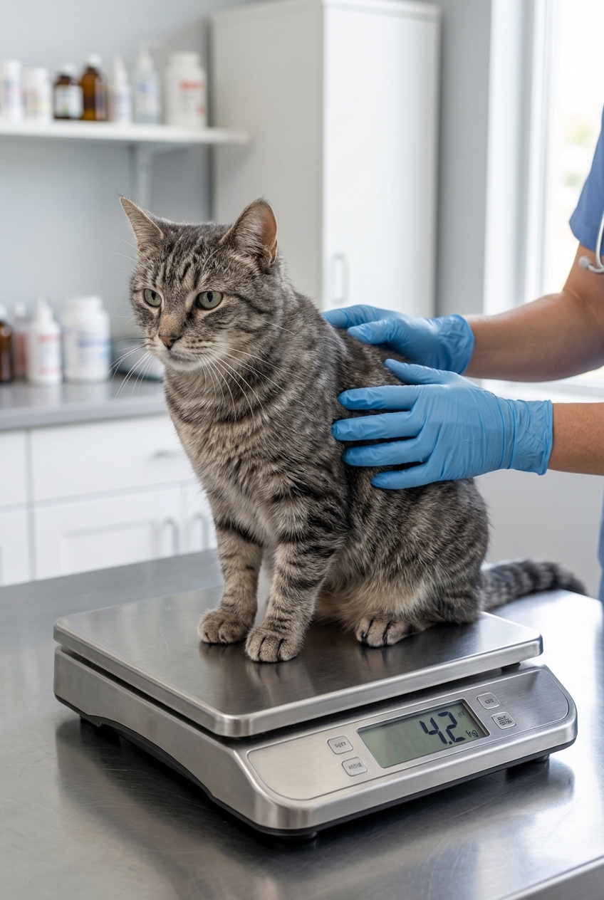 A gray senior cat being gently weighed on a veterinary clinic scale