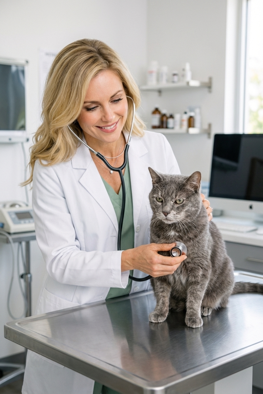 A gray senior cat sitting calmly on a veterinary exam table while a veterinarian gently listens with a stethoscope, bright clean clinic lighting, realistic photo