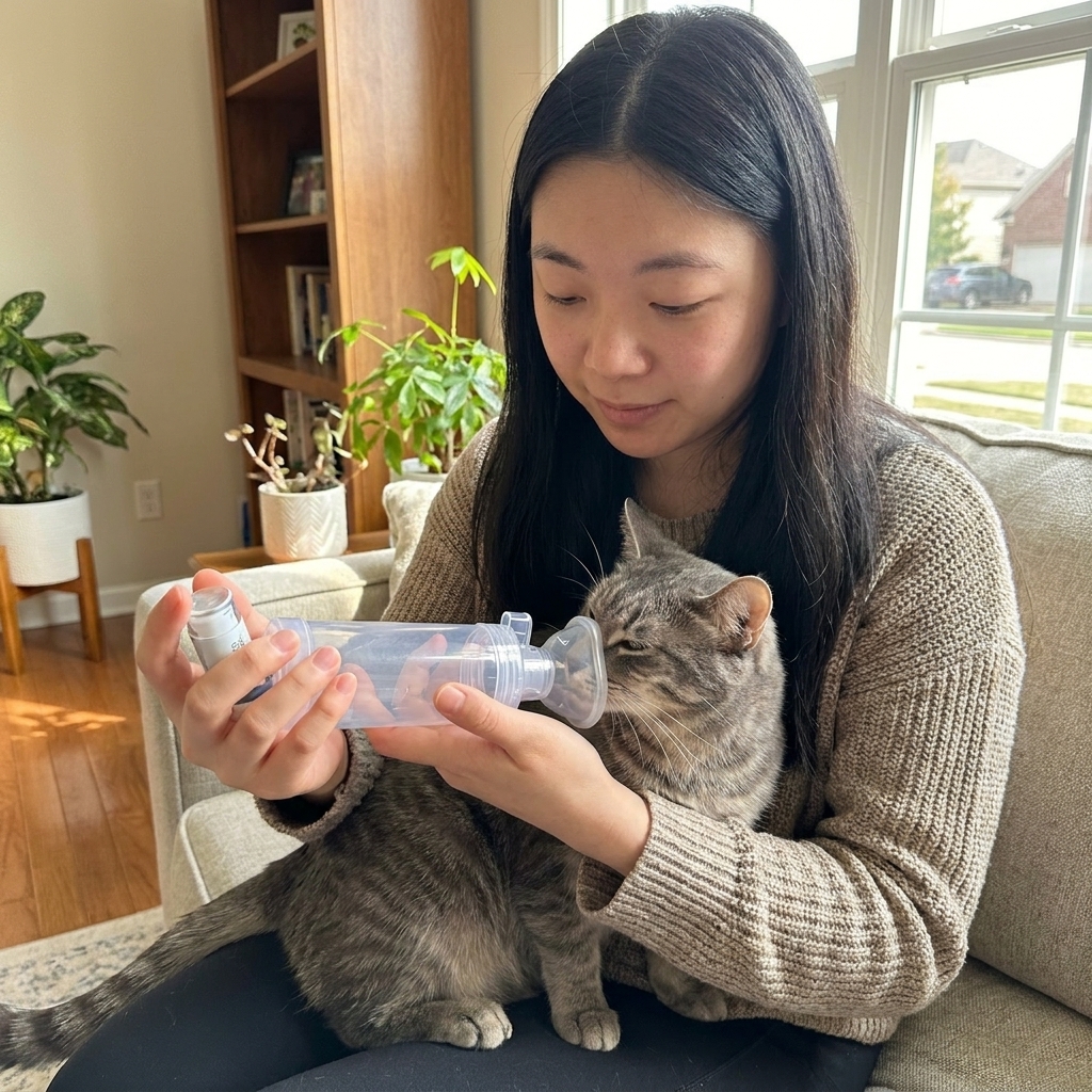 A gray tabby cat calmly receiving medication through a feline inhaler spacer mask held by an owner in a living room, realistic photography