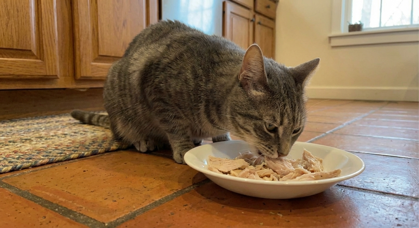 A gray tabby cat eating small pieces of plain cooked turkey from a white ceramic bowl
