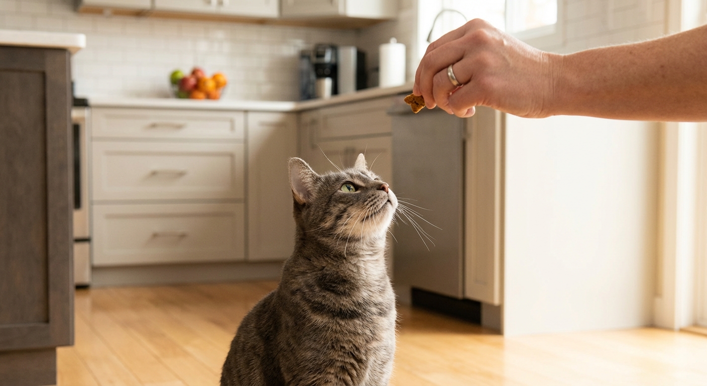 A gray tabby cat looking up attentively while an adult holds a small treat in a kitchen