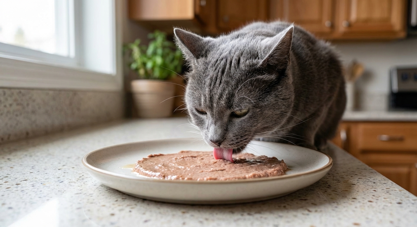 A grey cat licking wet food spread thinly across a wide ceramic plate on a countertop
