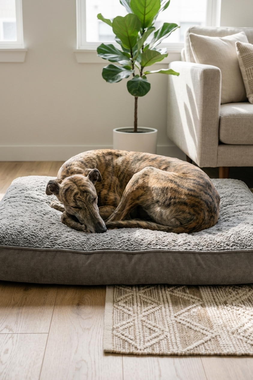 A greyhound curled up on a thick orthopedic dog bed in a clean apartment living room with a small rug for traction, realistic photography