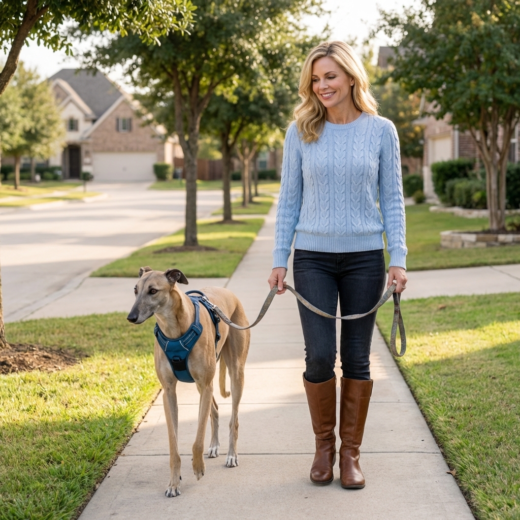 A greyhound wearing a harness walking on leash beside an adult on a quiet neighborhood sidewalk in daylight, realistic photography