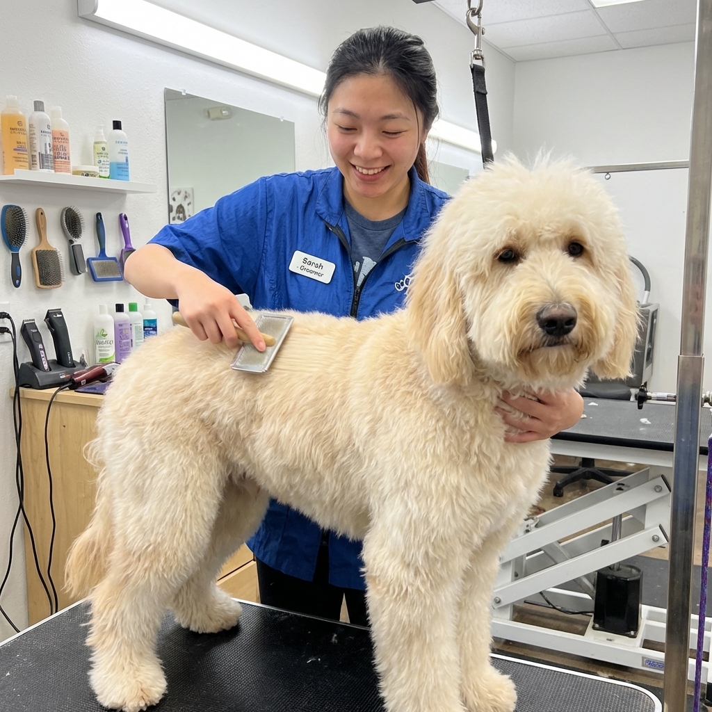 A groomer brushing a Double Doodle on a grooming table, coat partially brushed out, calm posture, bright salon lighting, photorealistic