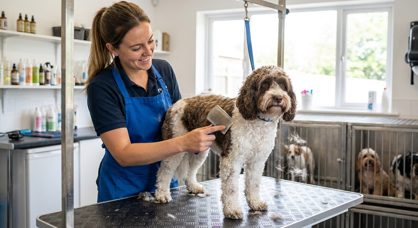 A groomer brushing a Jackapoo with a wavy coat on a grooming table