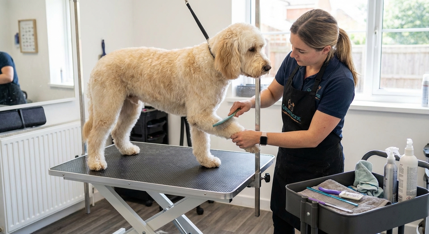 A groomer brushing a Labradoodle on a grooming table, showing proper coat care