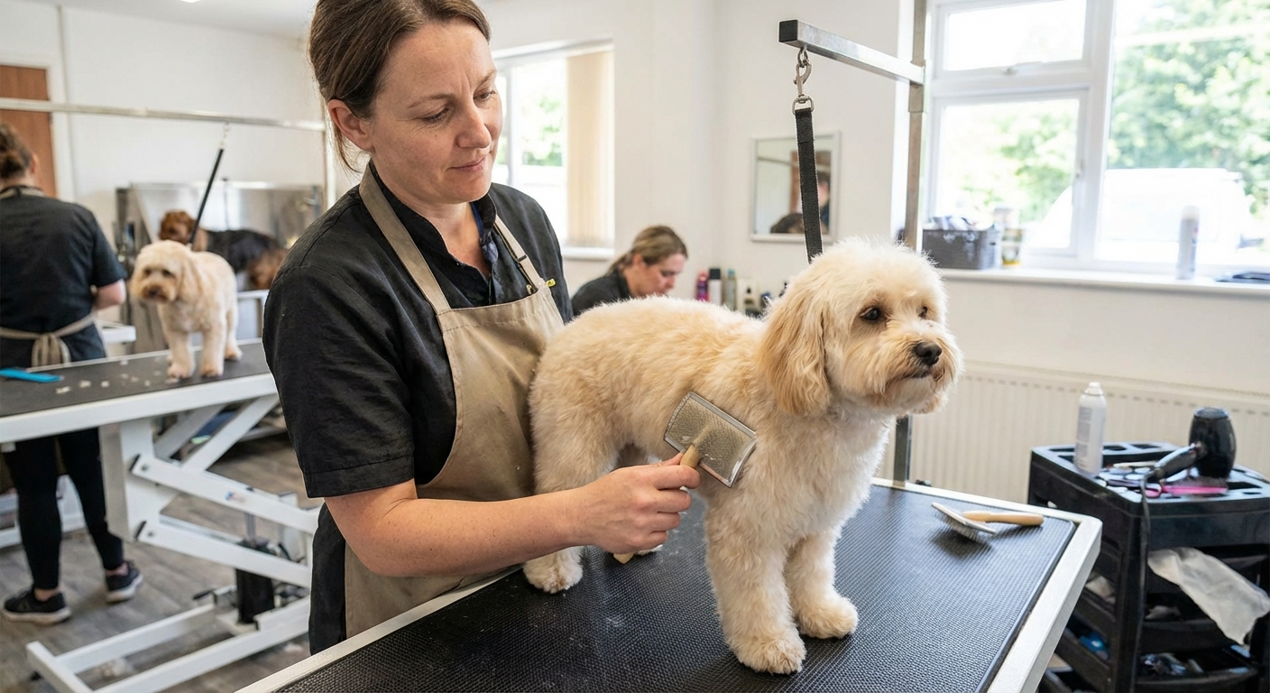 A groomer brushing a Maltipoo on a grooming table.