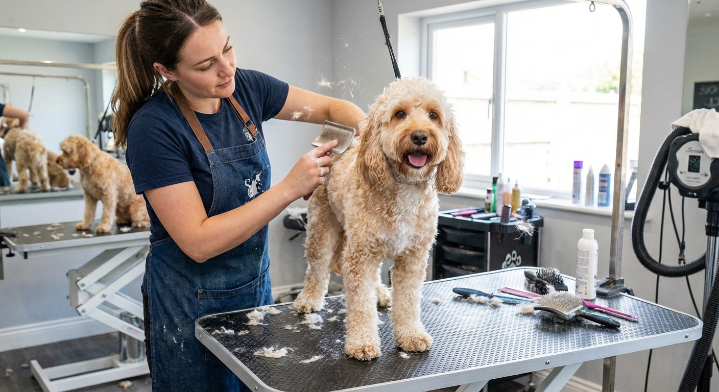 A groomer brushing a curly-coated Cockapoo on a grooming table