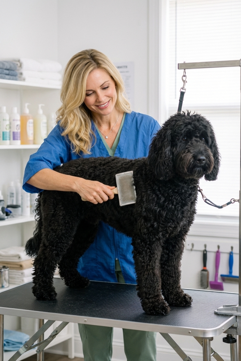A groomer brushing a large Newfypoo on a grooming table in a bright grooming salon, dog standing calmly, photorealistic