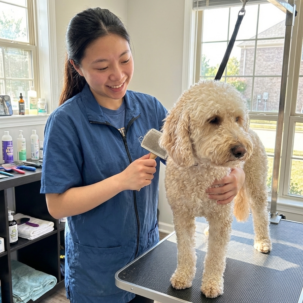 A groomer gently brushing a Mini Goldendoodle on a grooming table in a bright salon, the dog calm and cooperative, photorealistic