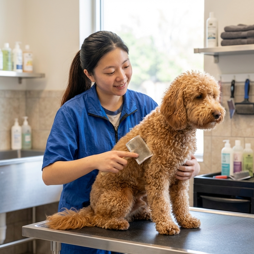 A groomer gently brushing a Mini Labradoodle on a grooming table in a clean salon, soft indoor light, photorealistic
