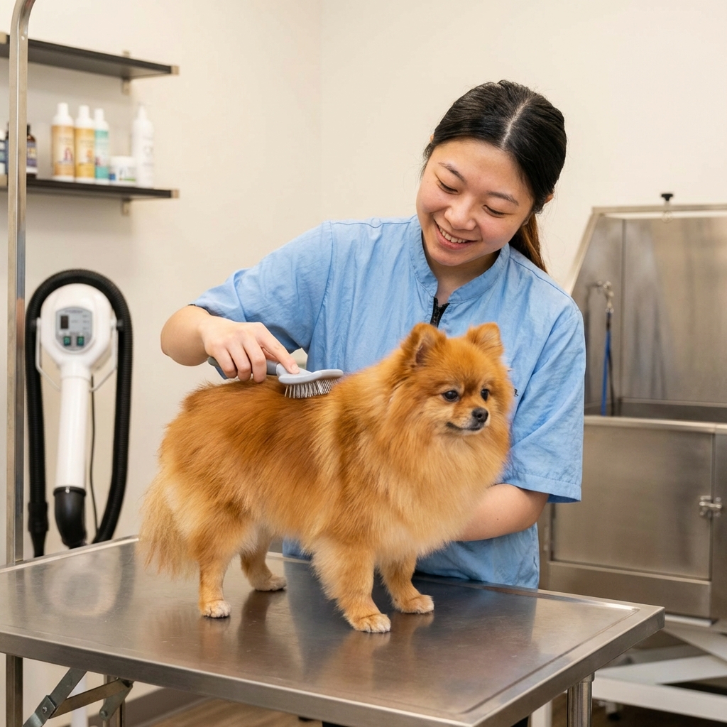 A groomer gently brushing a Pomeranian on a grooming table