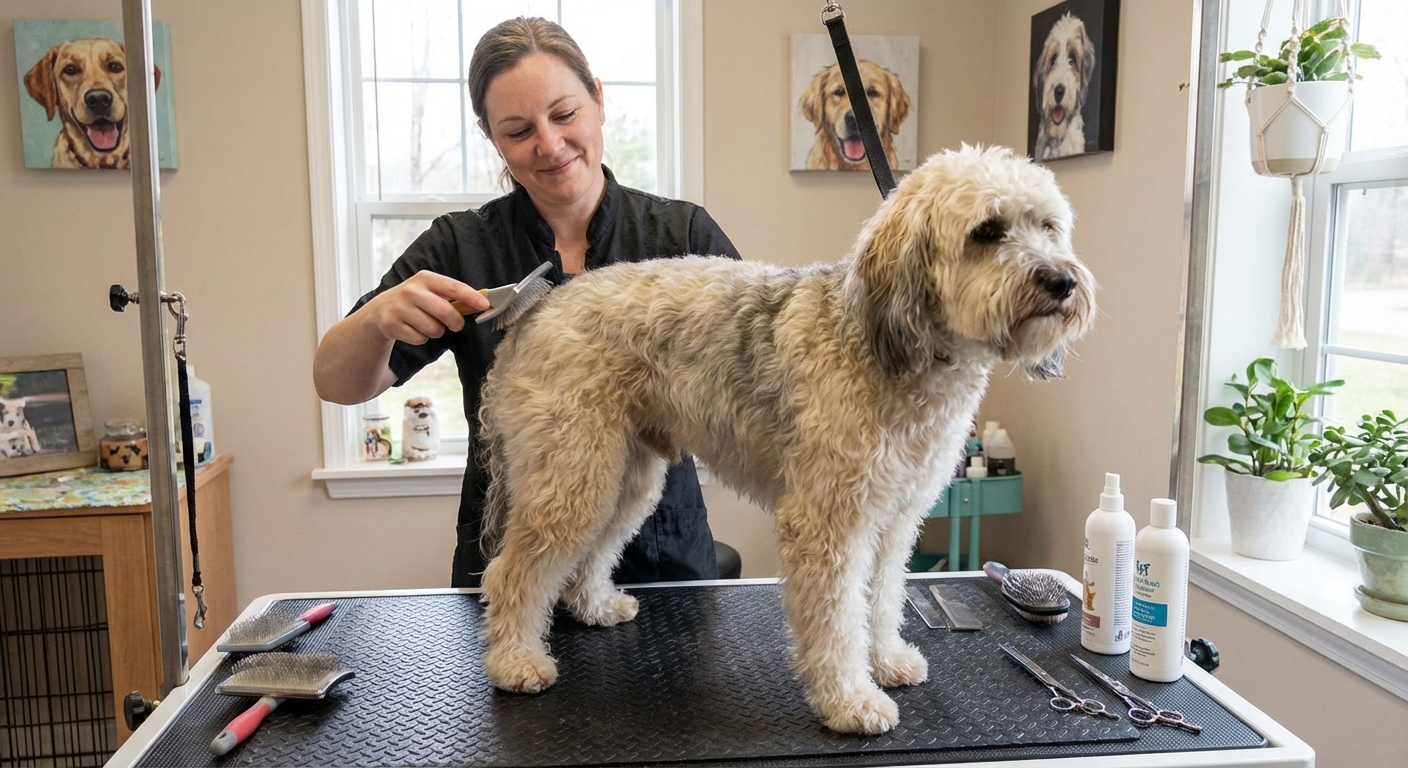 A groomer gently brushing a Schnoodle’s wavy coat on a grooming table