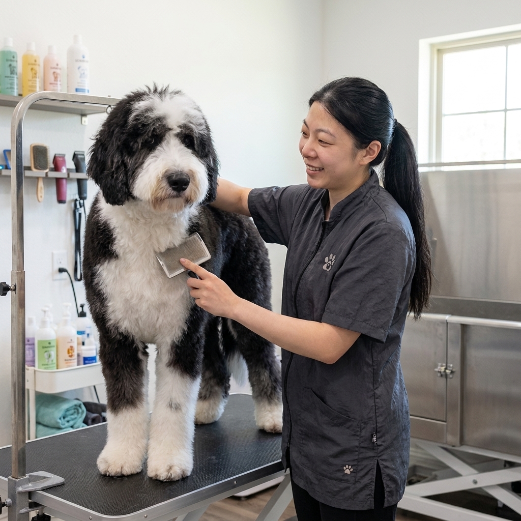 A groomer gently brushing a black-and-white Sheepadoodle on a grooming table in a bright salon, real photo style