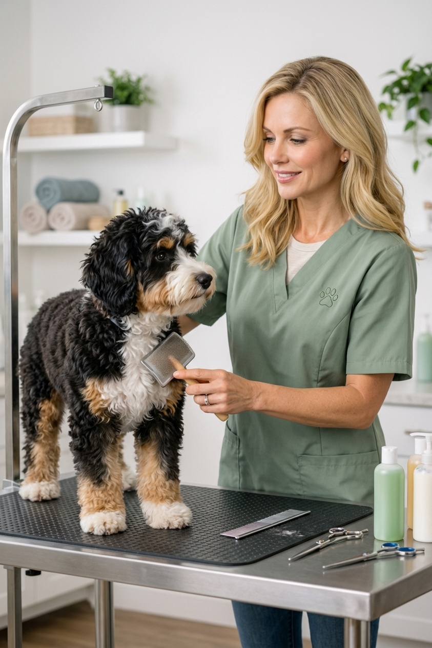 A groomer gently brushing a curly-coated Mini Bernedoodle on a grooming table in a clean salon, soft indoor lighting, photorealistic