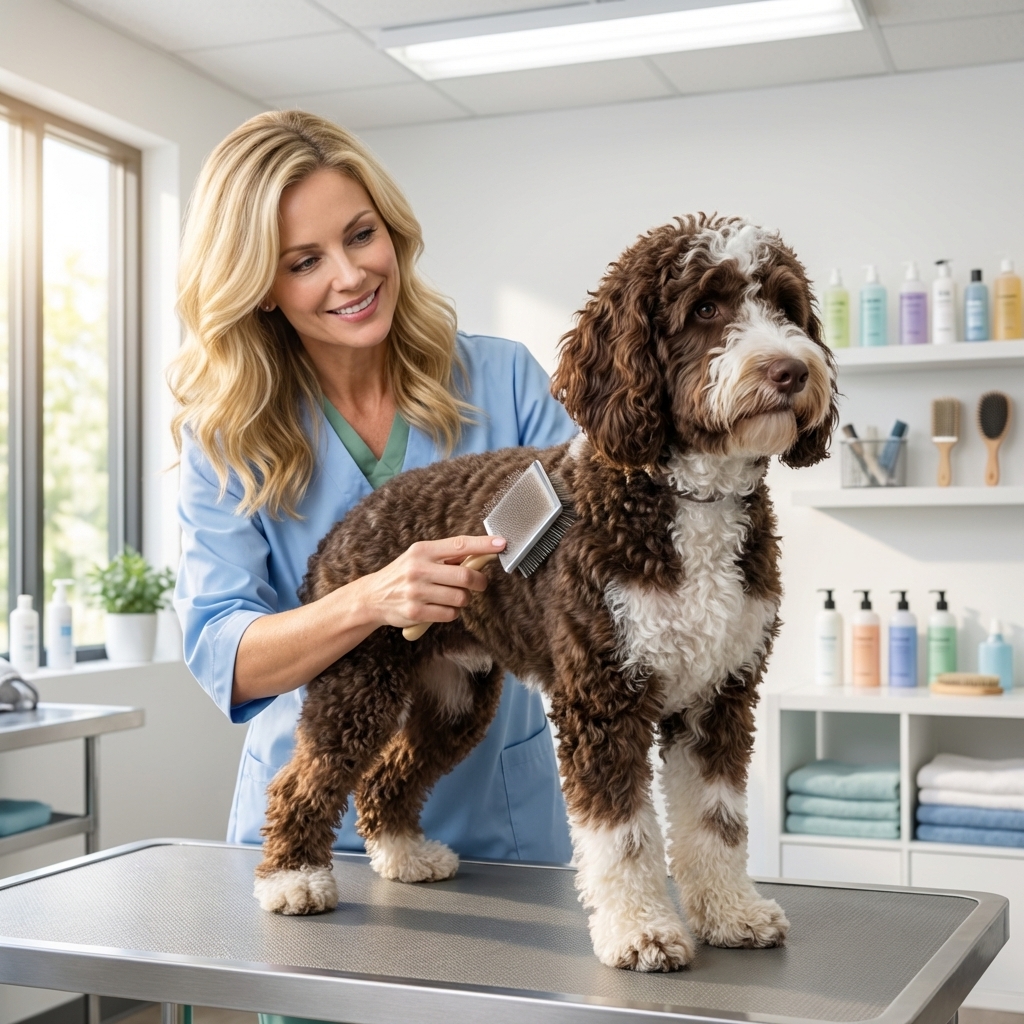 A groomer gently brushing a curly-coated Springerdoodle on a grooming table in a clean grooming salon, photorealistic