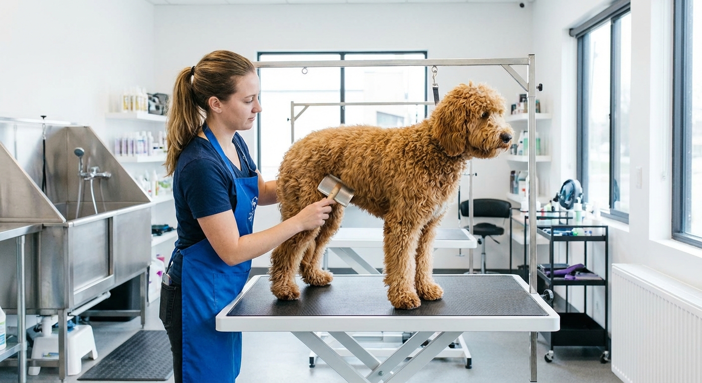 A groomer gently brushing a curly-coated doodle dog on a grooming table in a clean salon, photorealistic