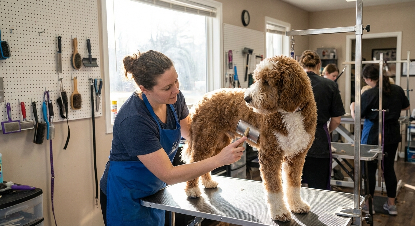 A groomer gently brushing a curly coated doodle on a grooming table in a bright grooming salon, candid realistic photography