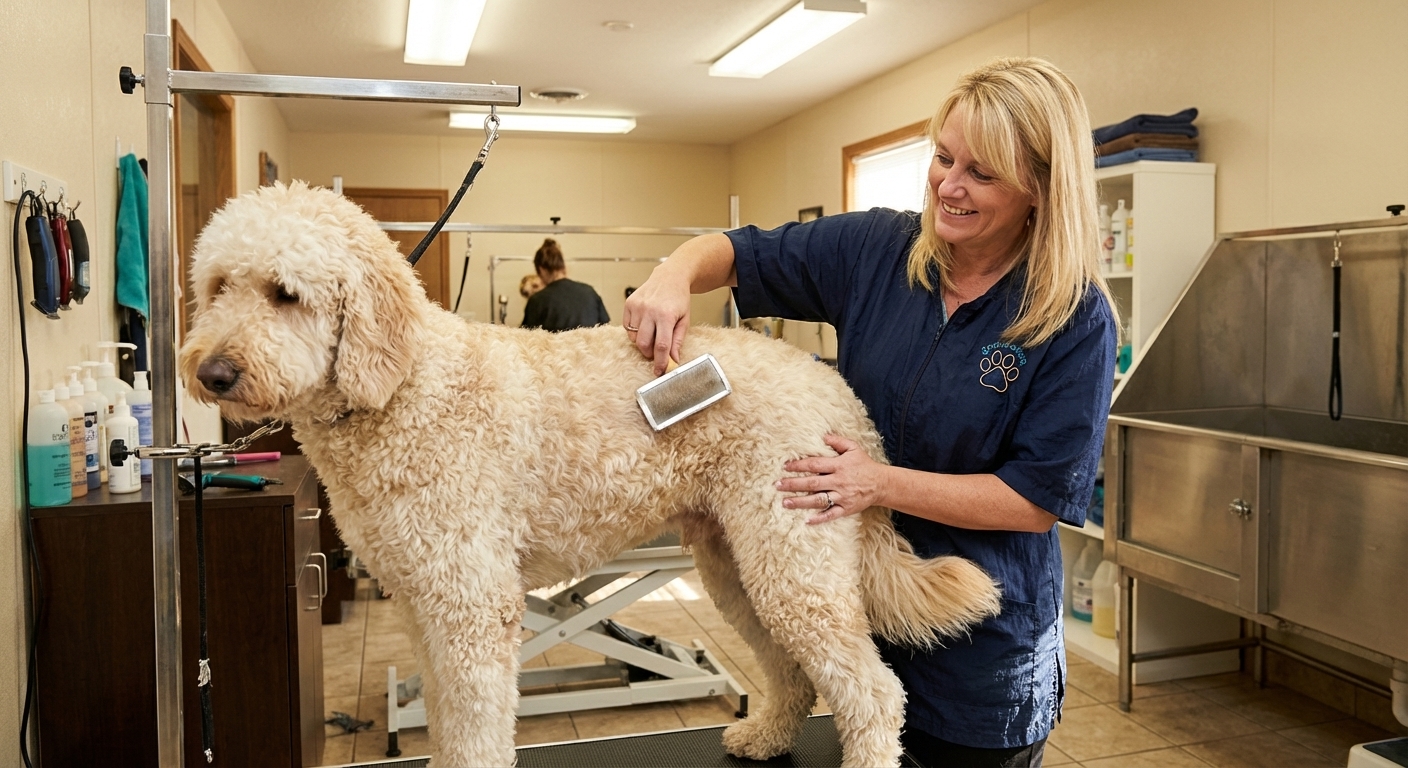 A groomer gently brushing a large doodle dog on a grooming table, photorealistic indoor salon lighting, showing a curly coat being brushed