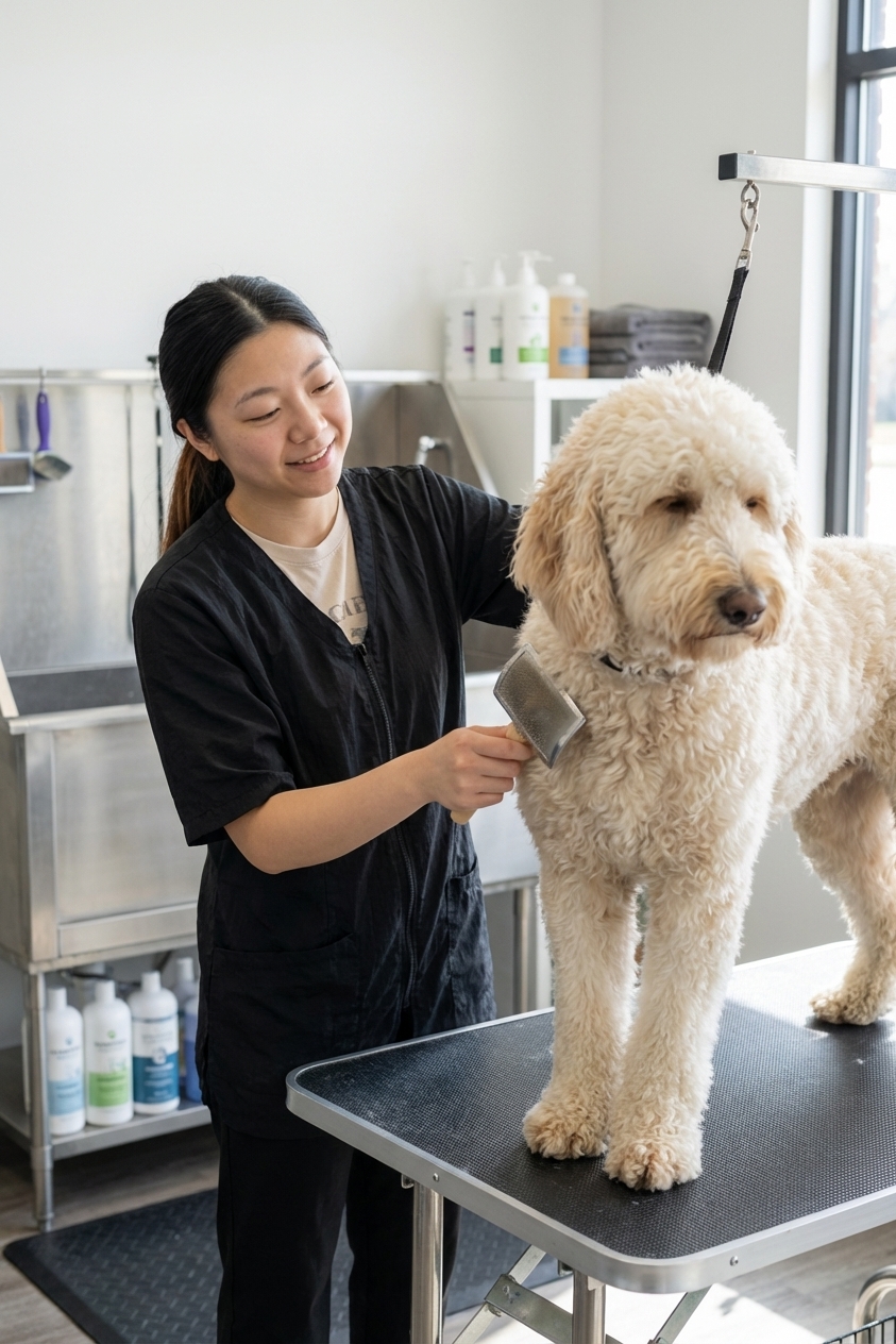 A groomer gently brushing a large doodle-type dog on a grooming table in a clean pet salon, calm dog expression, realistic photography