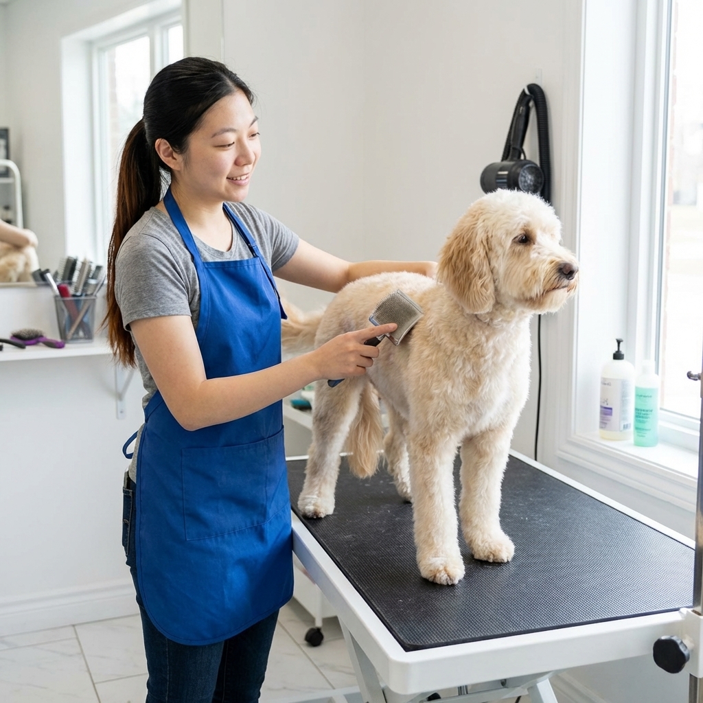 A groomer gently brushing a medium-sized doodle-type dog on a grooming table in a bright salon, with the dog calmly standing and looking to the side, photorealistic