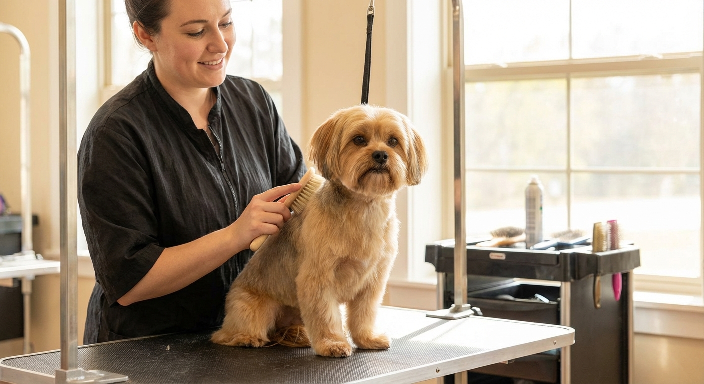 A groomer gently brushing a small Shorkie on a grooming table, coat neatly trimmed, calm dog, bright grooming salon lighting, photorealistic