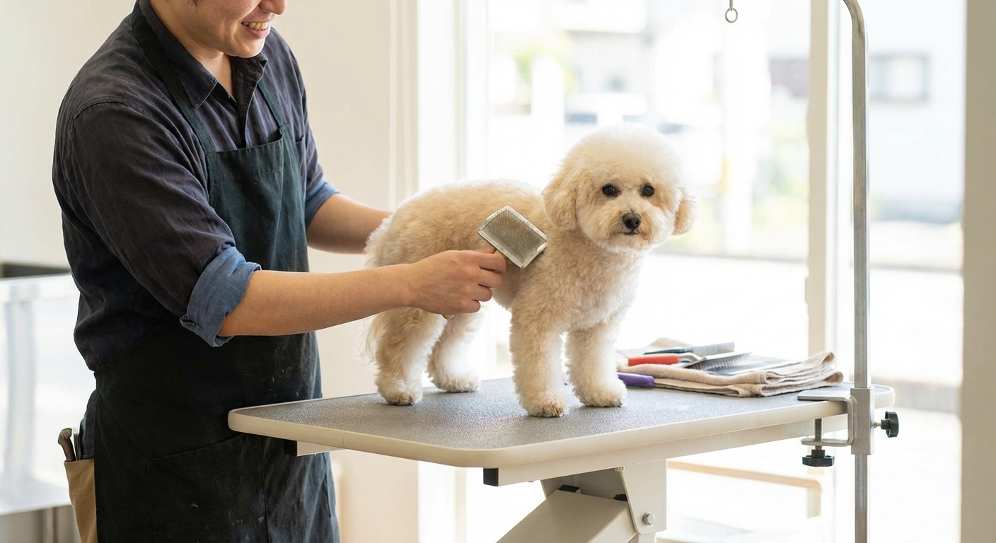 A groomer gently brushing a small curly-coated dog on a grooming table