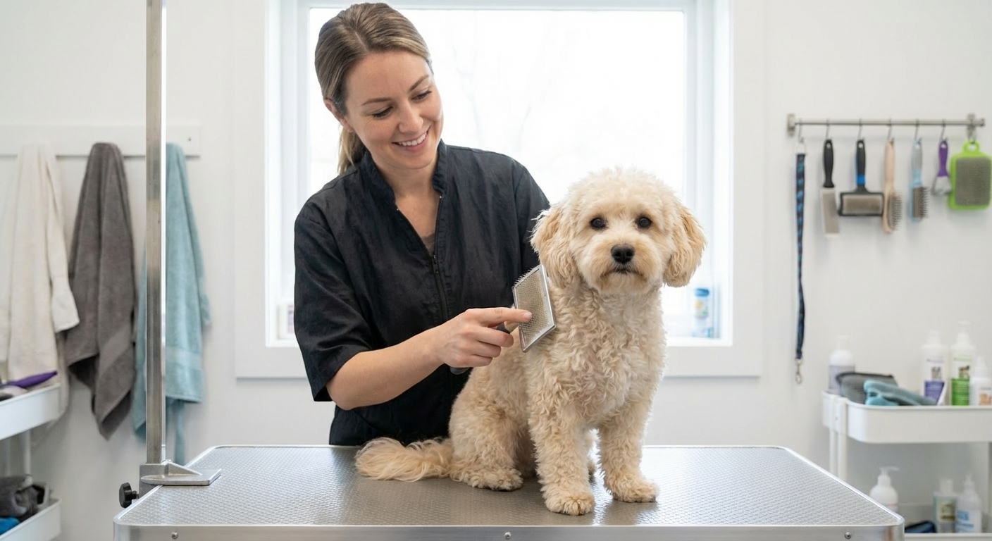 A groomer gently brushing a small curly-coated dog on a grooming table, bright clean salon setting, photorealistic