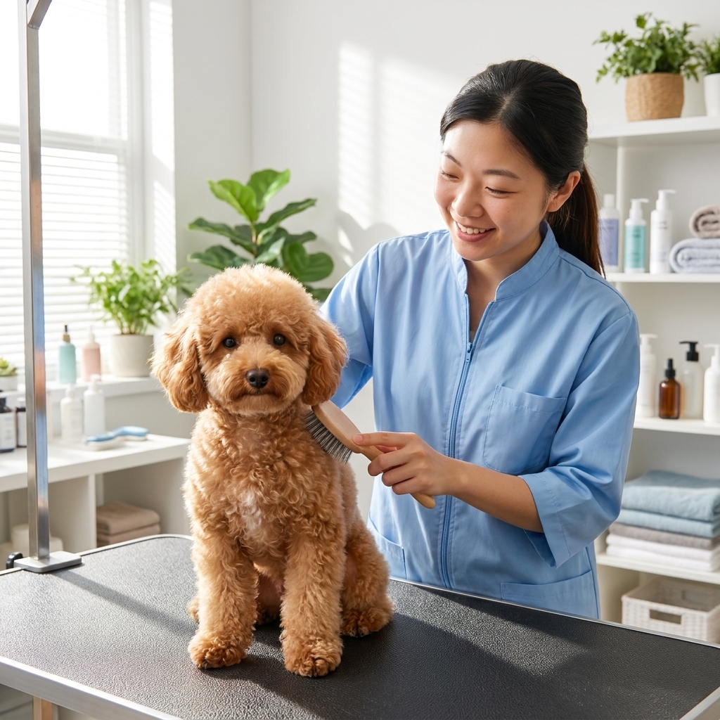 A groomer gently brushing a small poodle mix on a grooming table in a bright salon, real photograph